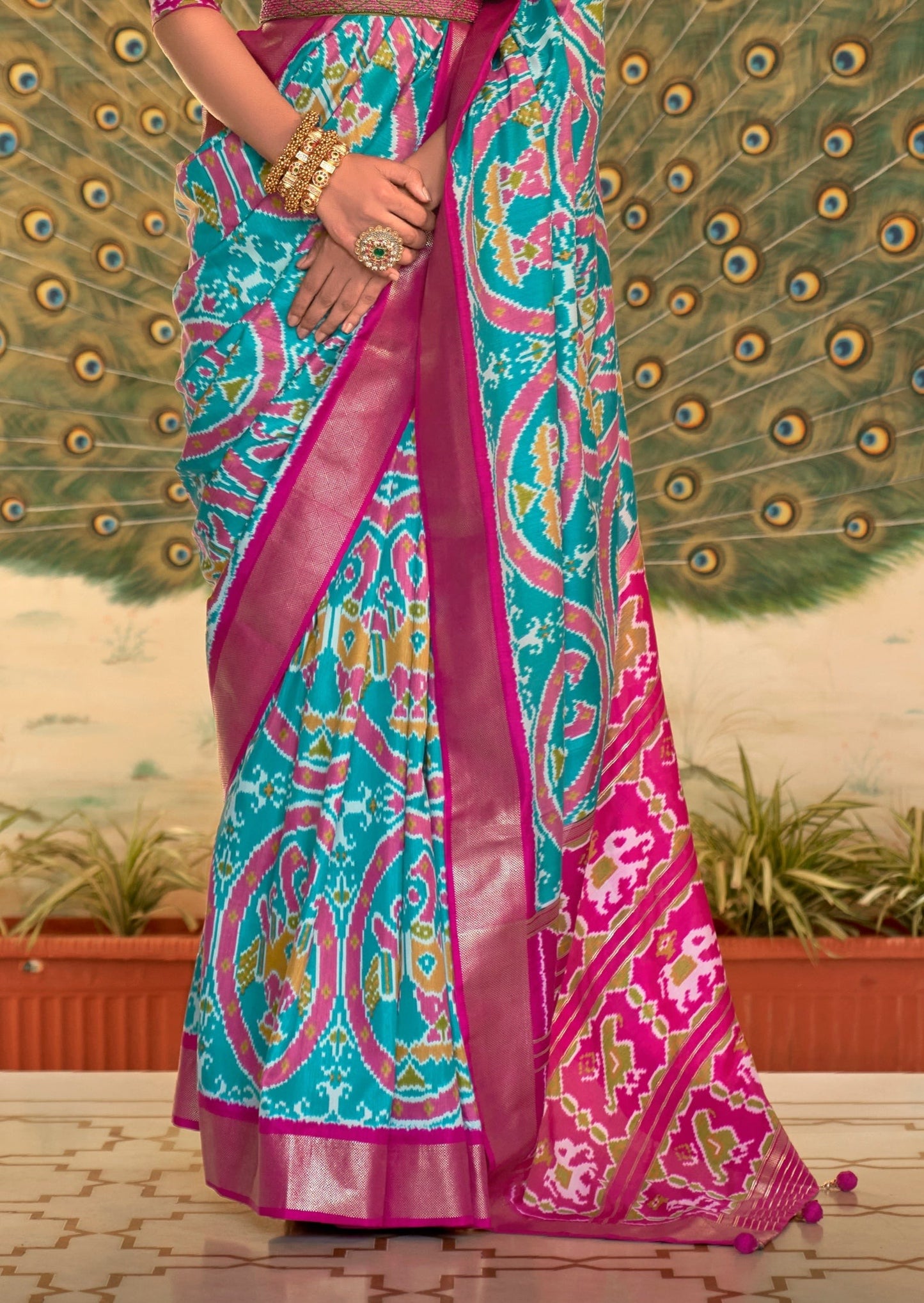Mor Baag: Patola Ikat Turquoise Blue Saree