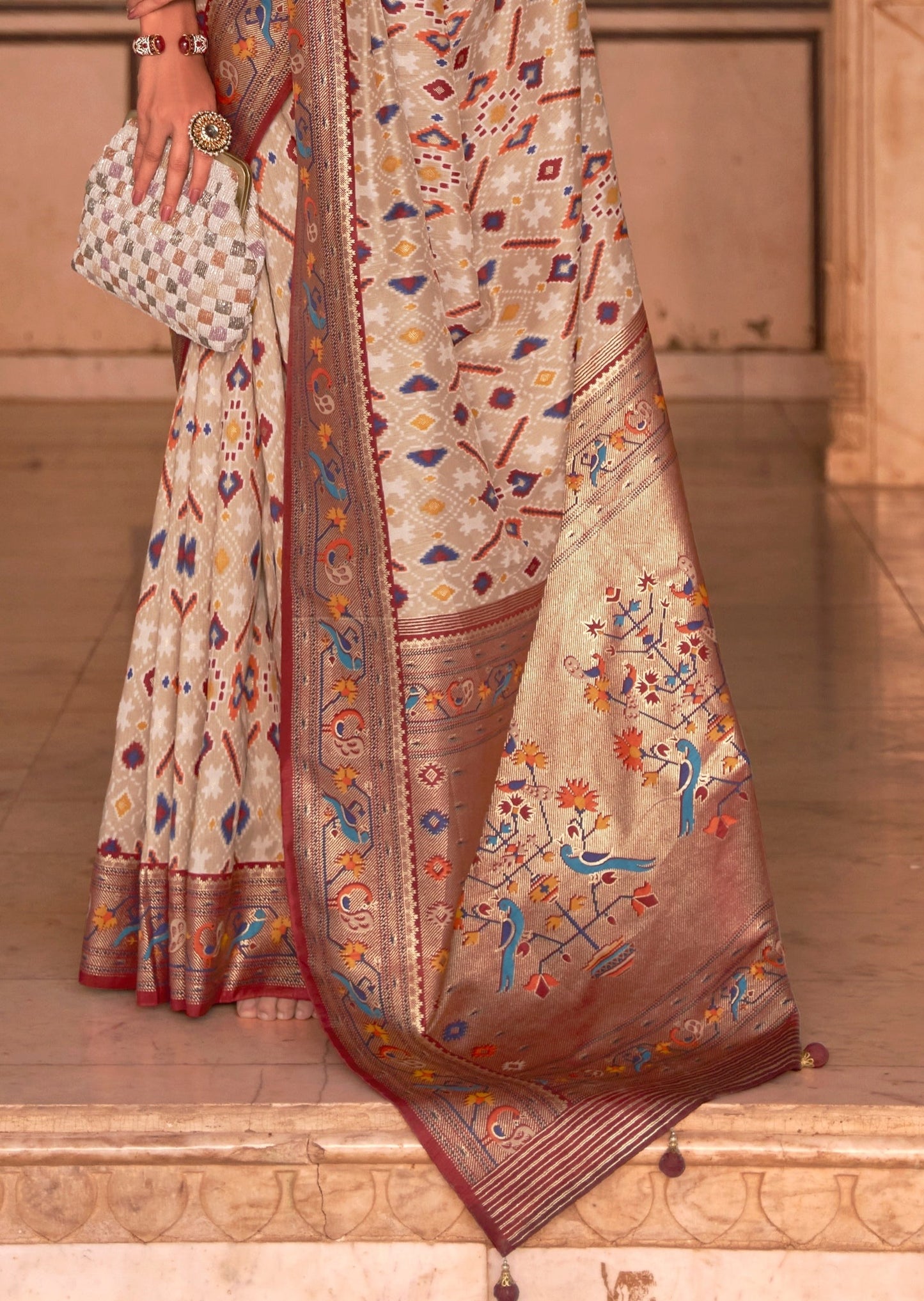 Handwoven Beige Patola Saree with Paithani Border Pallu