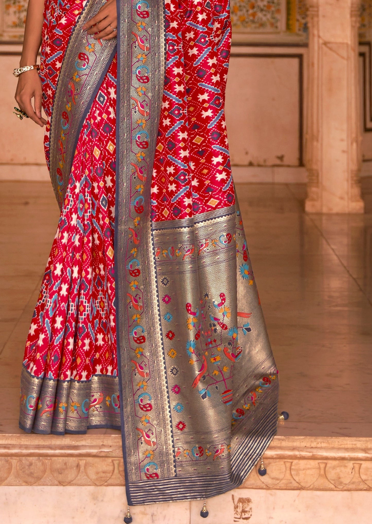 Handwoven Red Patola Saree with Paithani Border Pallu