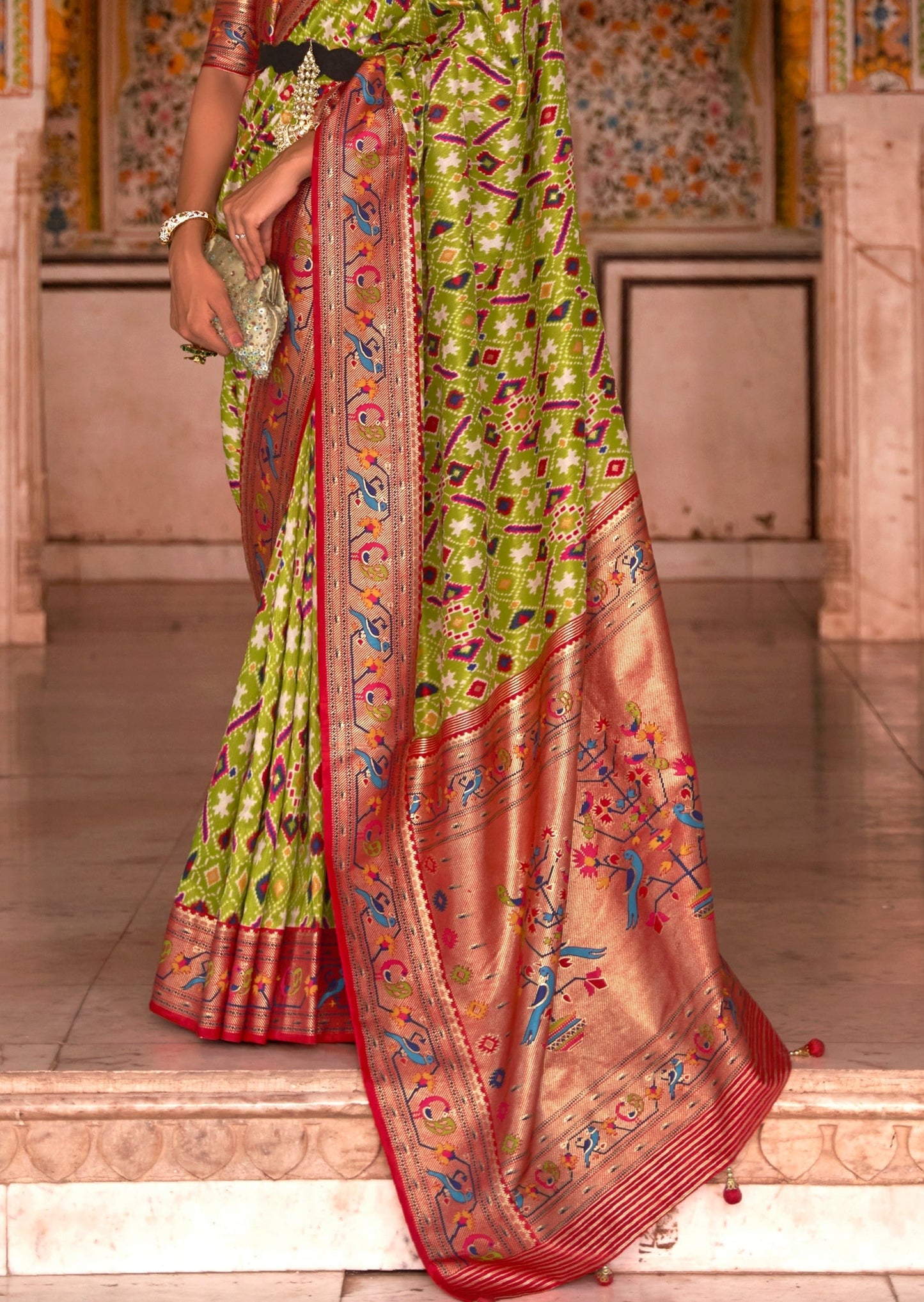 Handwoven Lime Green Patola Saree with Paithani Border Pallu
