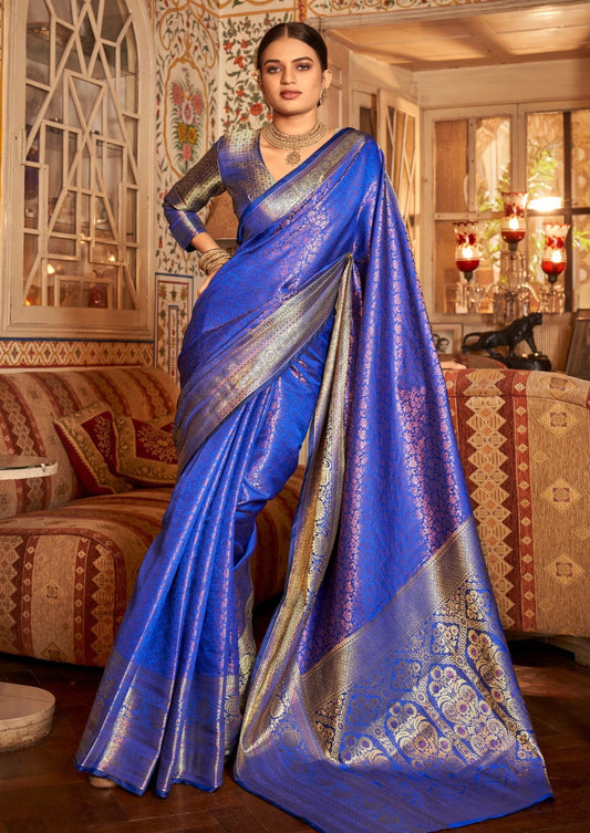 Kanjivaram pure silk saree online for wedding in blue color.