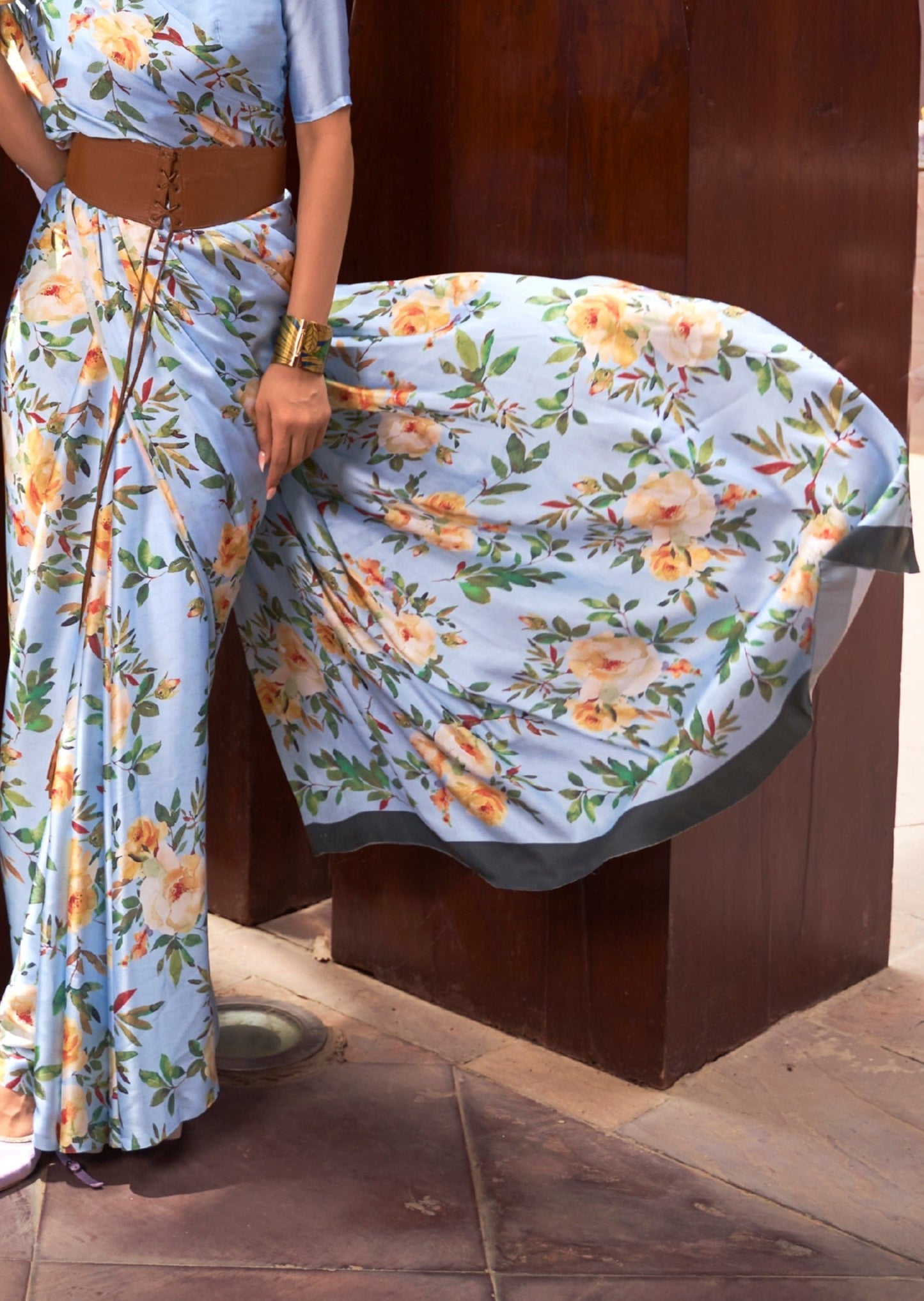 Digital Print Satin Silk Pastel Blue Saree
