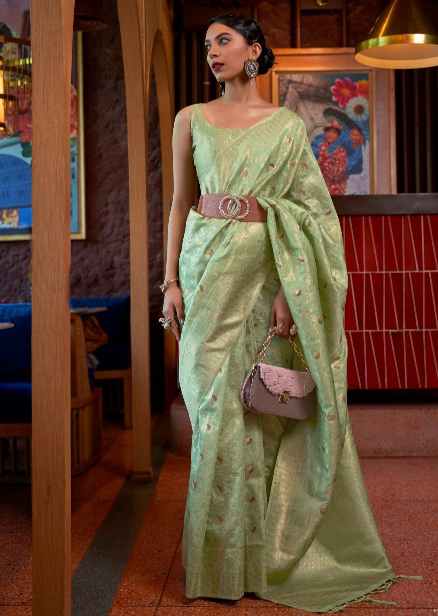 Raw Silk Lawn Green Banarasi Saree