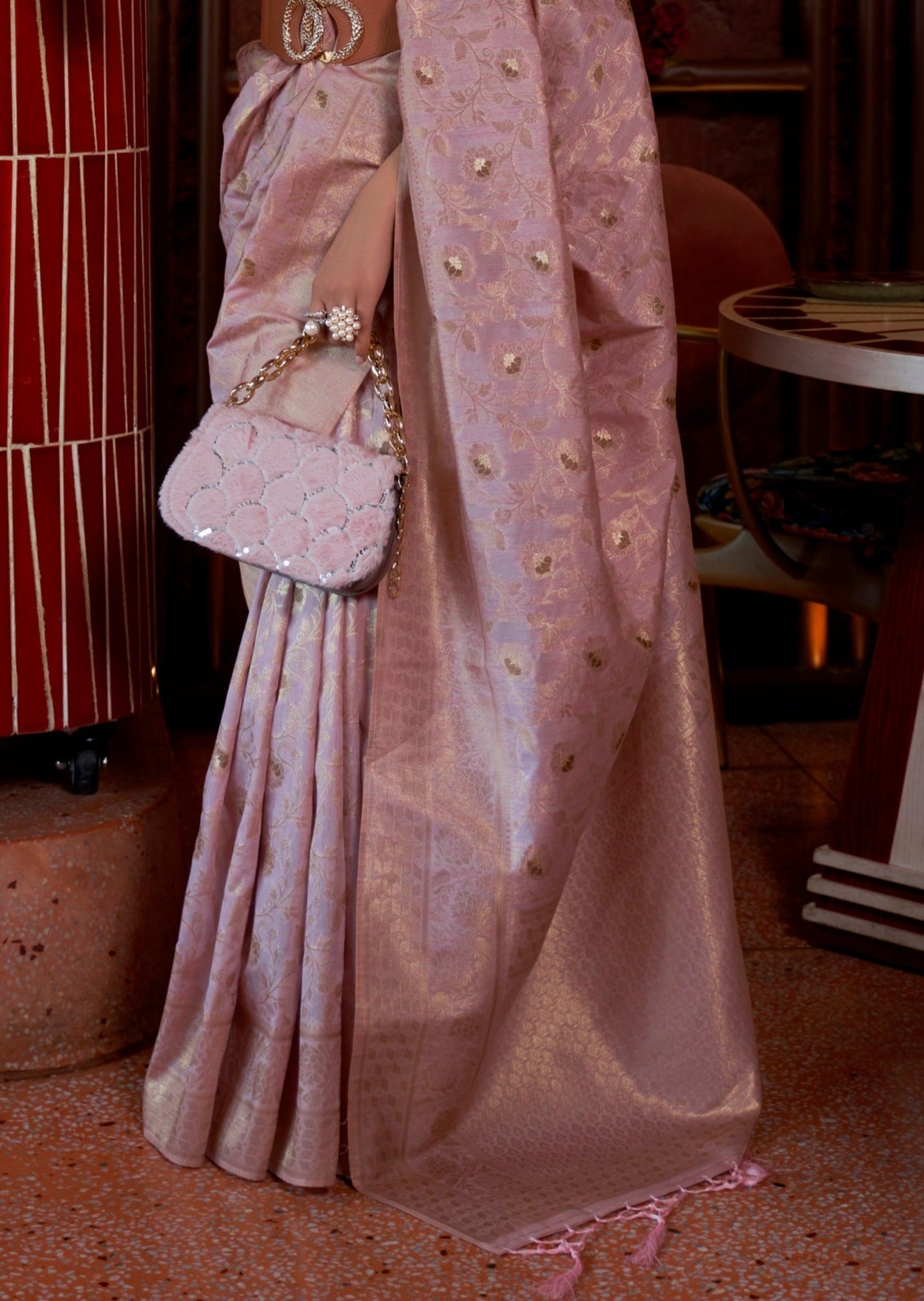 Raw Silk Salmon Pink Banarasi Saree