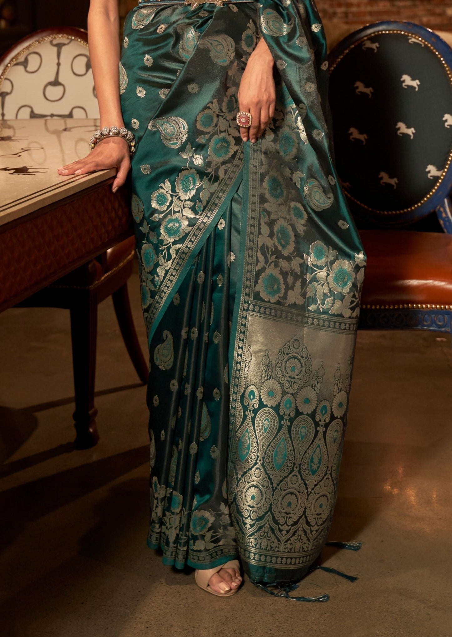 Pure Banarasi Satin Silk Green Handloom Saree