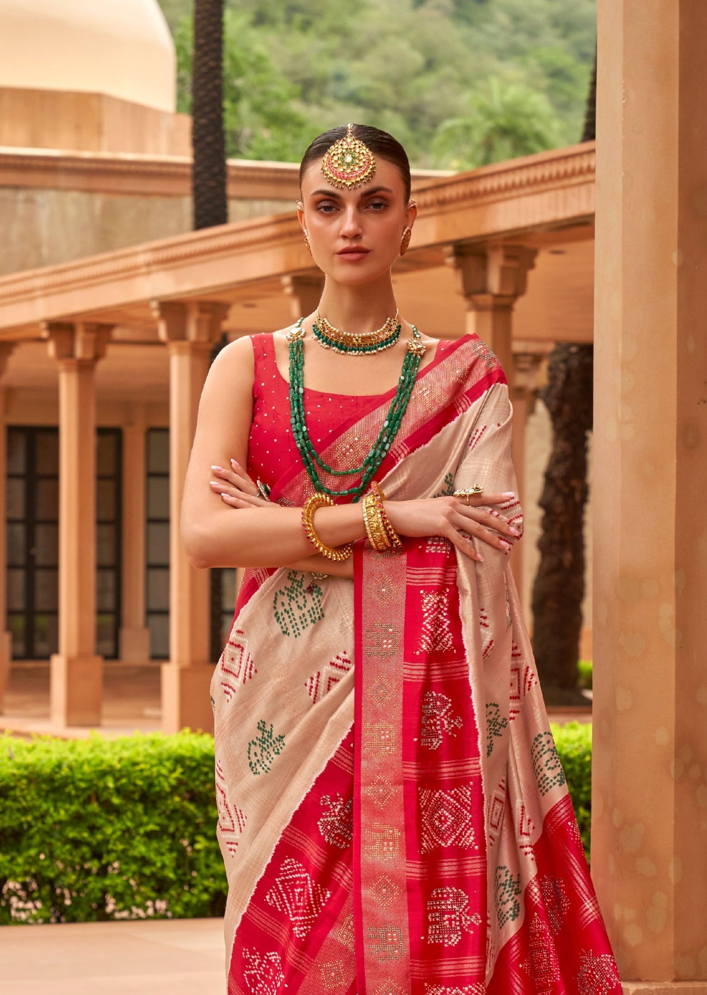 Zari Checks Patola Silk Beige and Red Saree