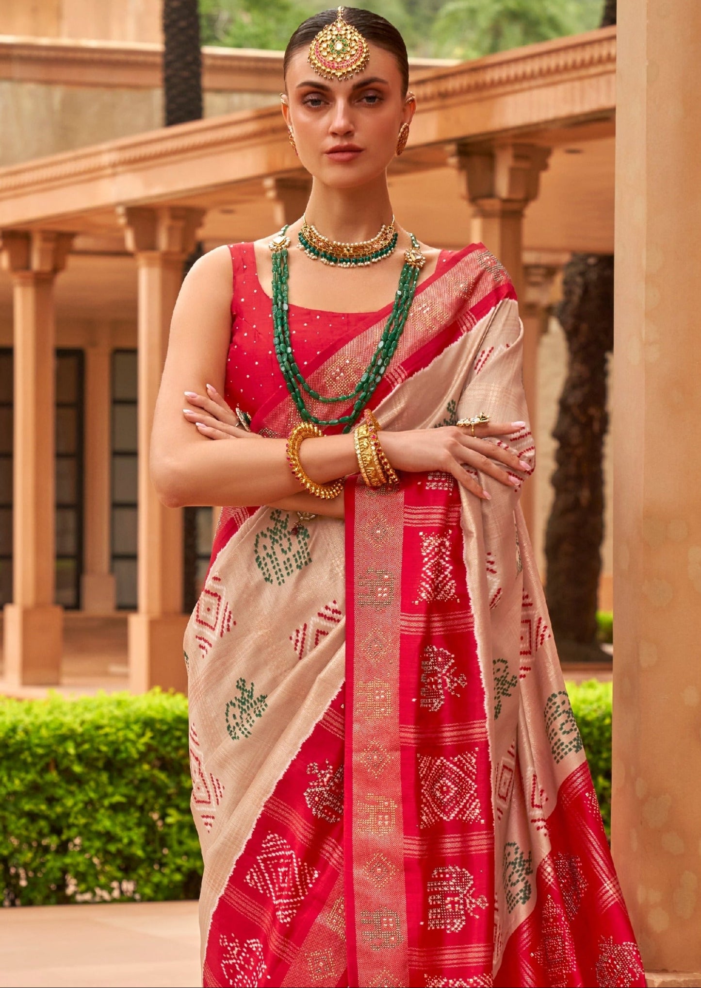 Zari Checks Patola Silk Beige and Red Saree