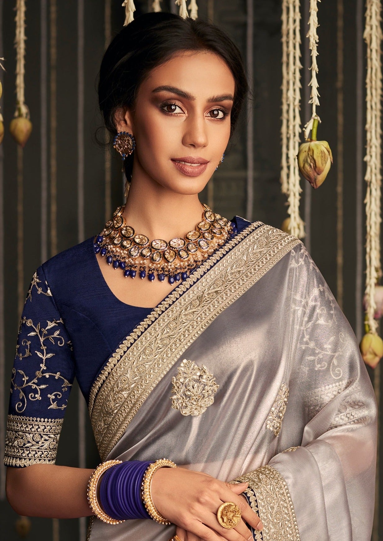 Designer Organza Tissue Silk Embroidered Silver Saree