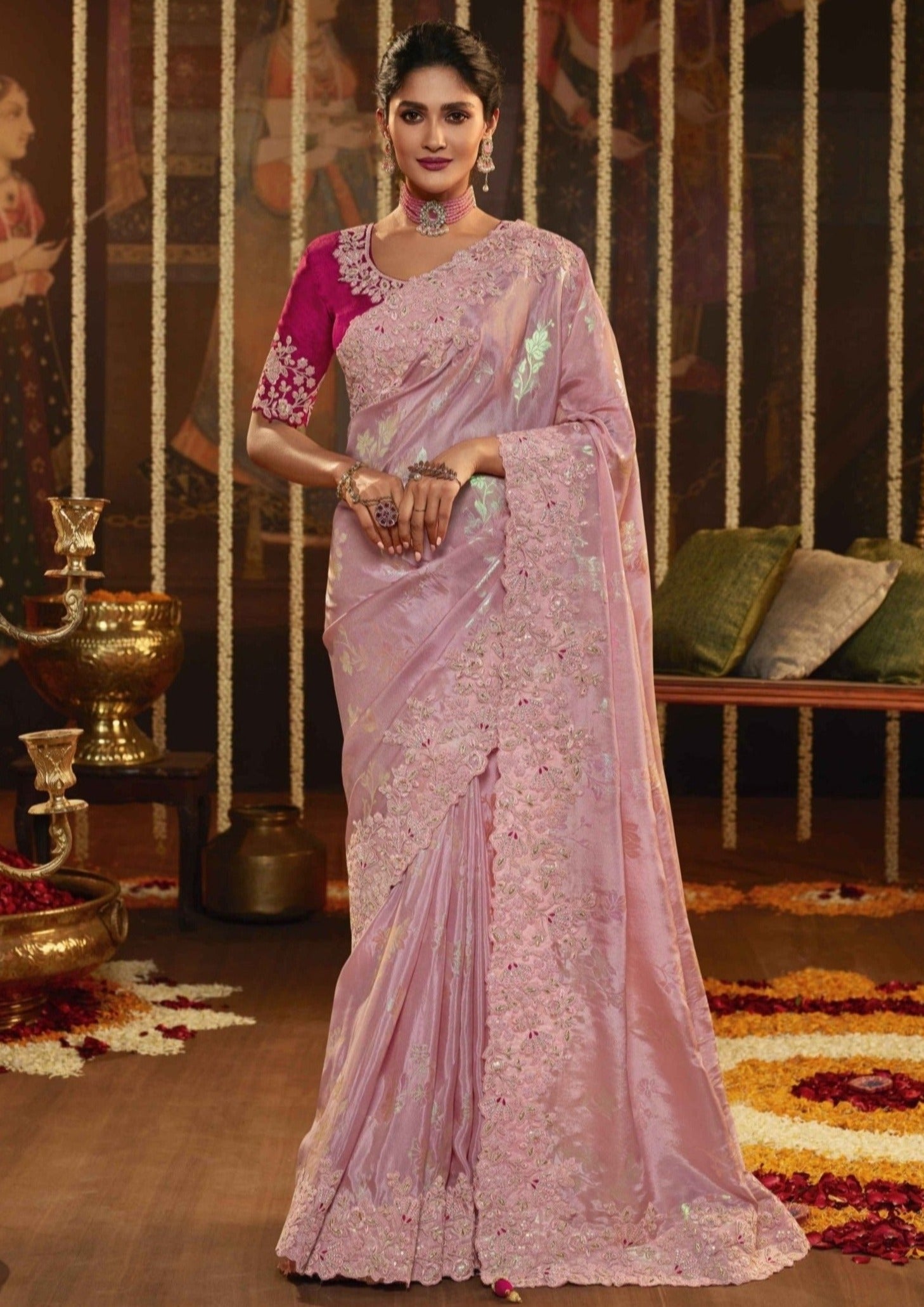Pink Embroidered Designer Organza Party Wear Saree Online Shopping