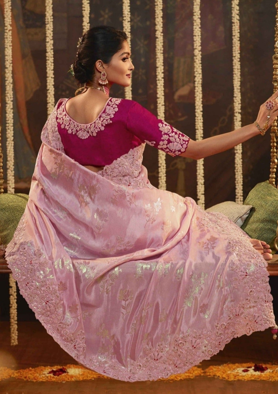 Pink Embroidered Designer Organza Saree
