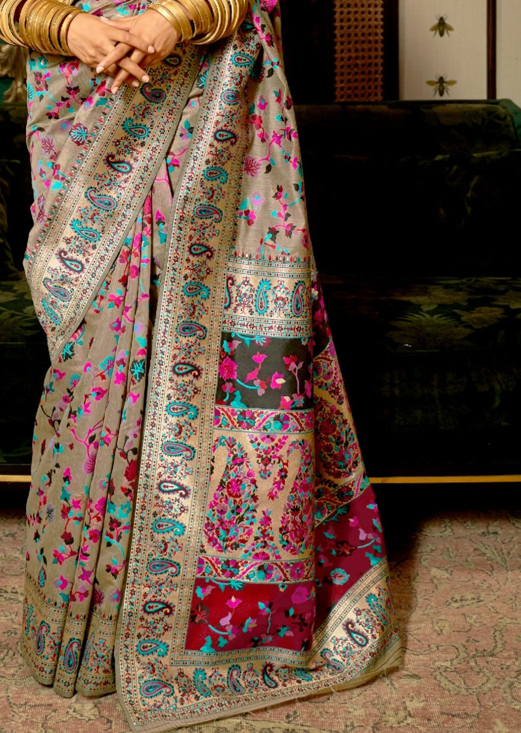 Kashmiri Jamawar Silk Mud Grey Pashmina Saree