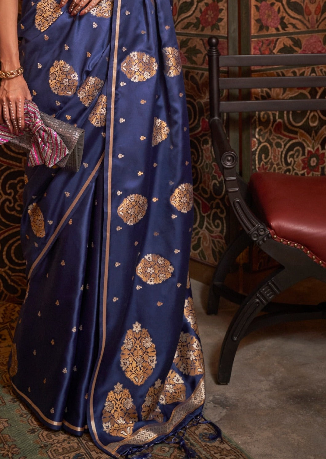 Copper Zari Weaving Pure Banarasi Satin Silk Indigo Blue Saree