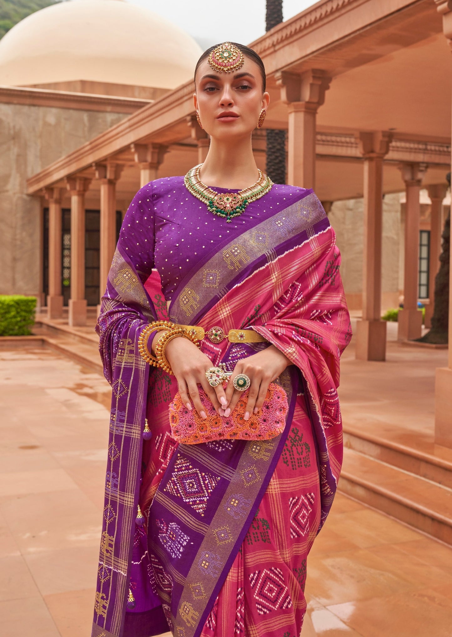 Zari Checks Patola Silk Rose Pink Saree