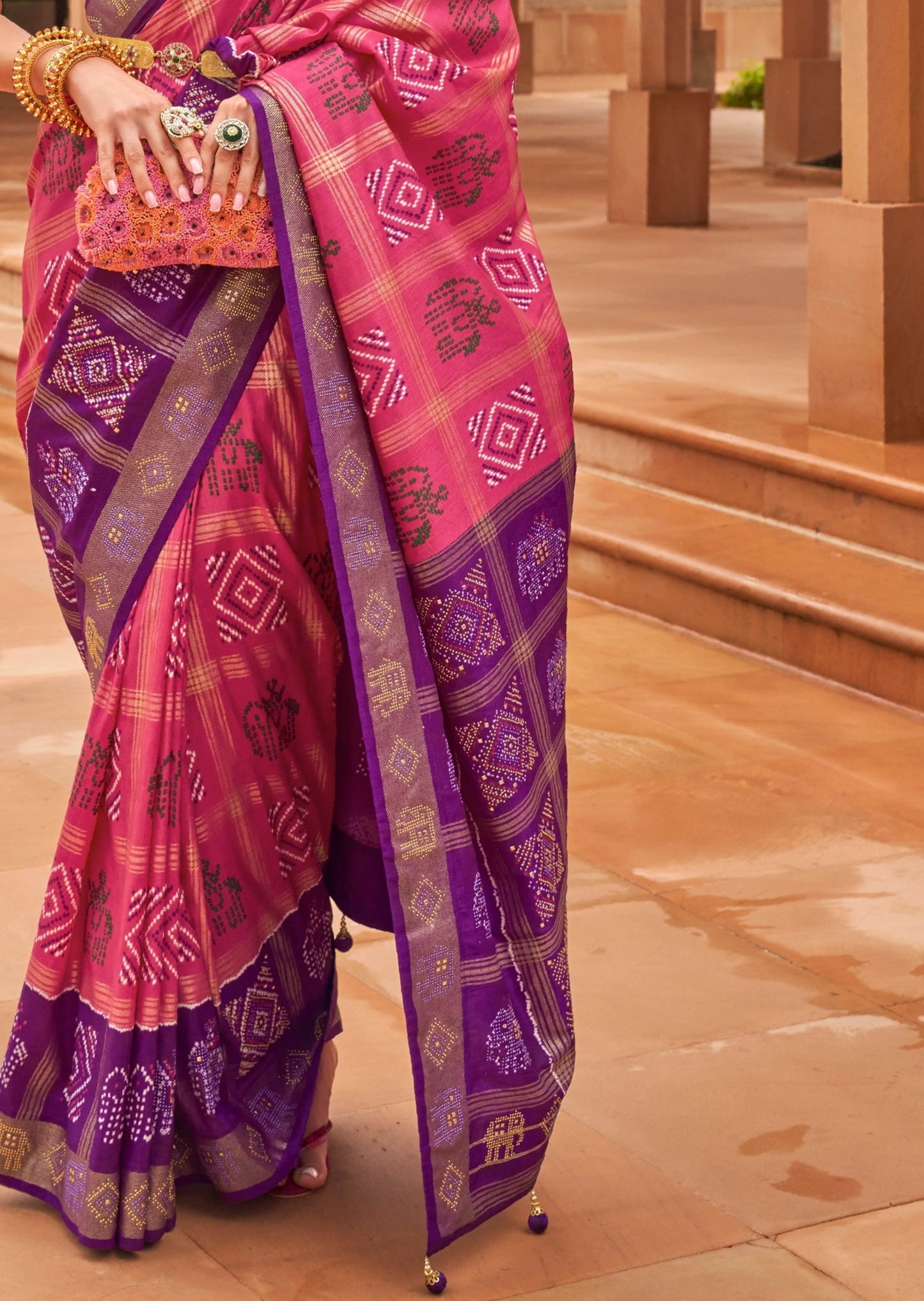 Zari Checks Patola Silk Rose Pink Saree