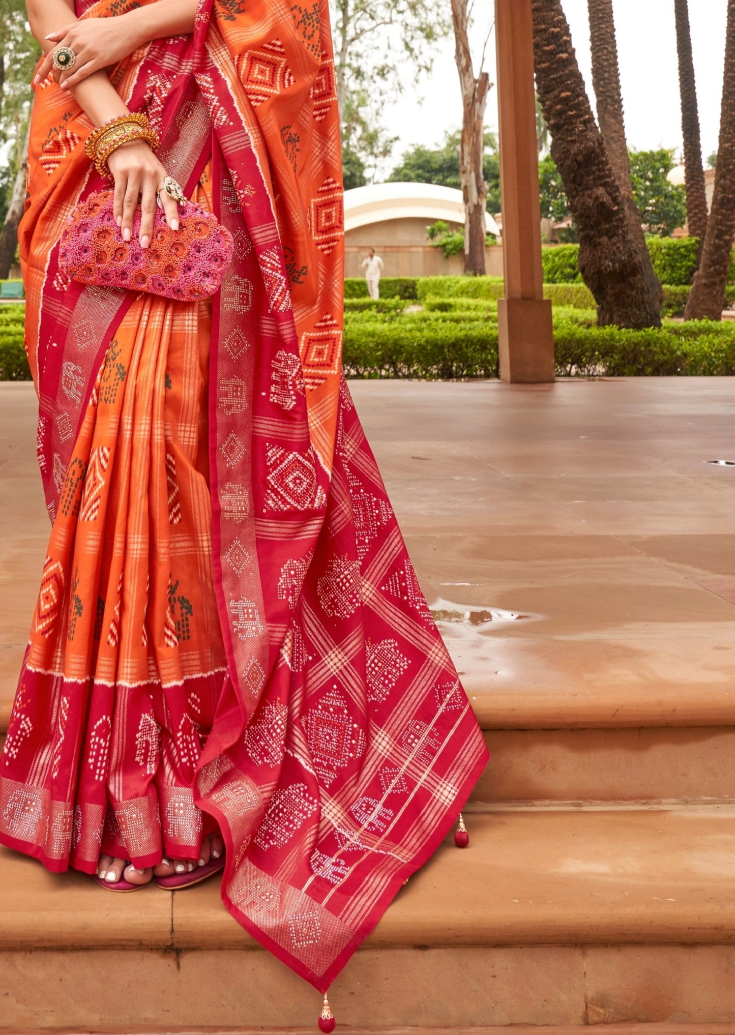 Zari Checks Patola Silk Orange Saree