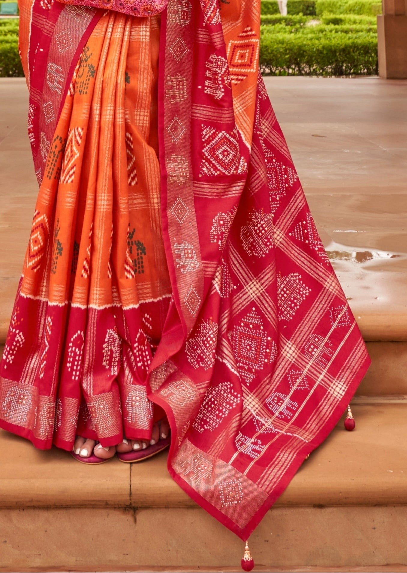 Zari Checks Patola Silk Orange Saree
