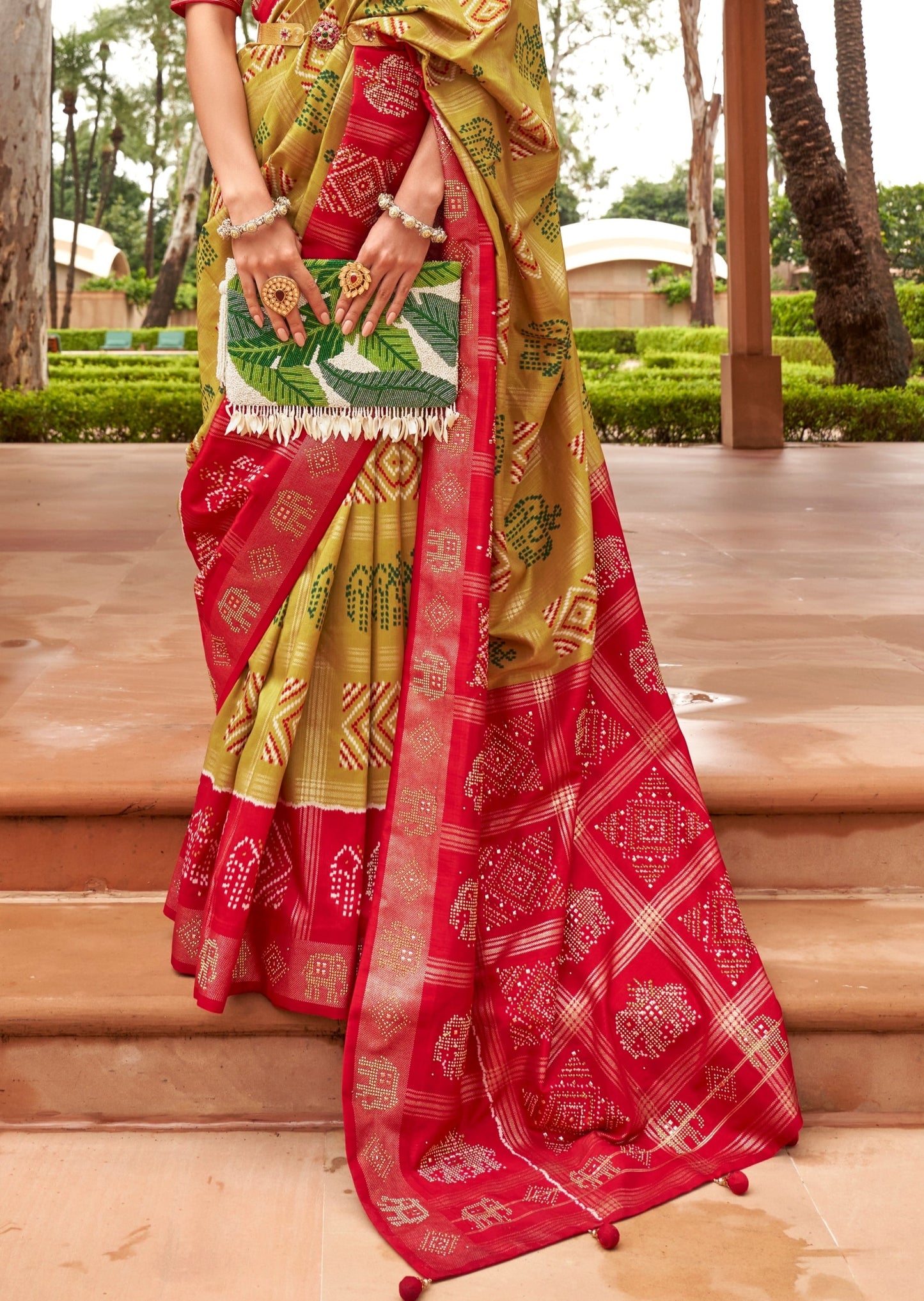 Zari Checks Patola Silk Lime Green Saree