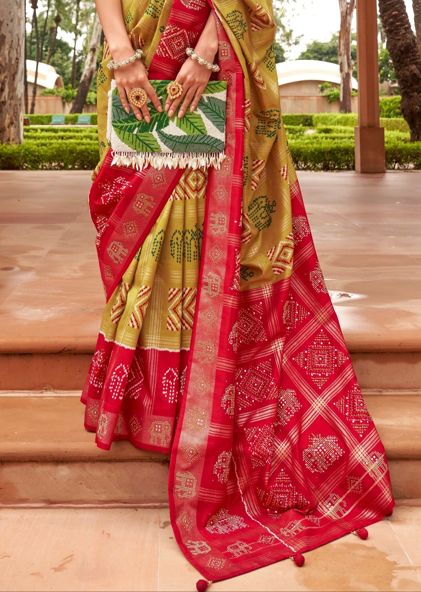 Zari Checks Patola Silk Lime Green Saree