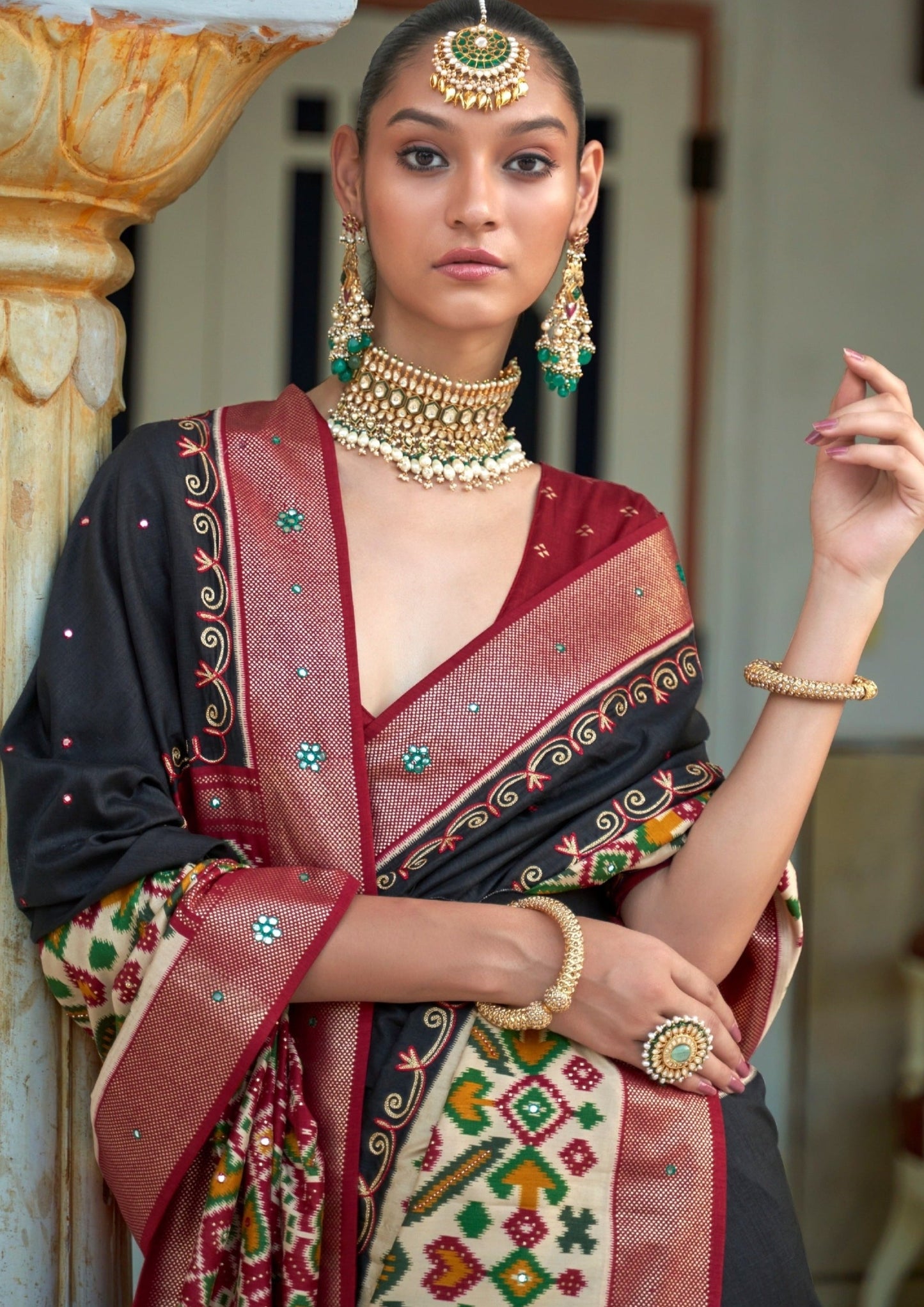 Aari Work Patola Silk Black Saree