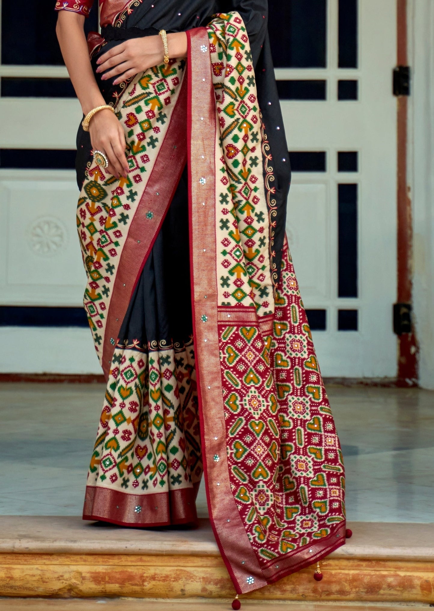 Aari Work Patola Silk Black Saree