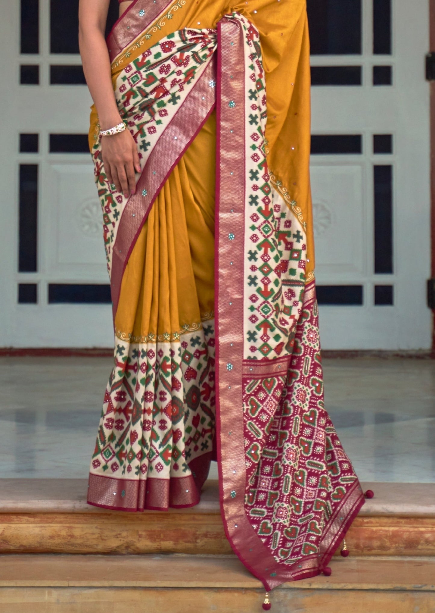 Aari Work Patola Silk Yellow Saree