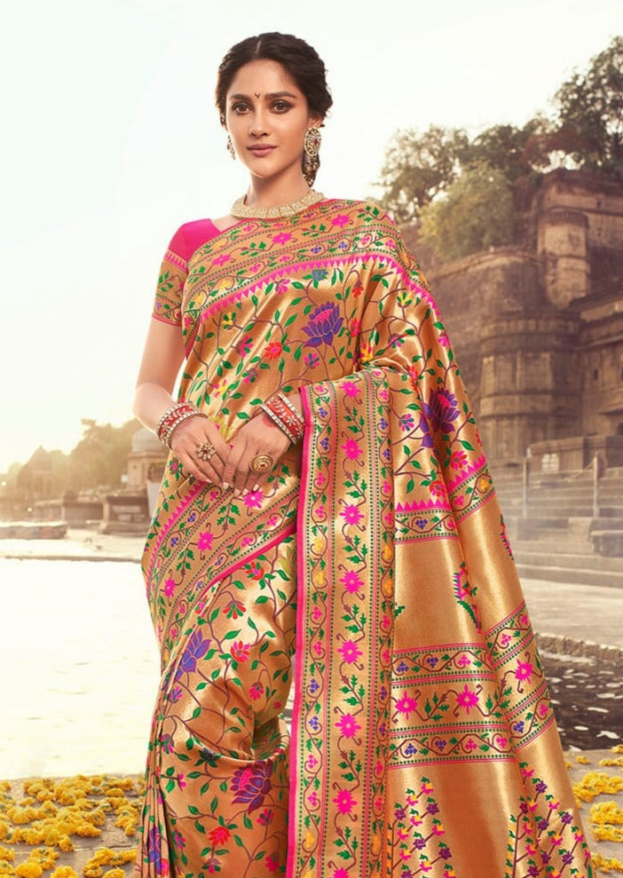 Pure Paithani Silk Handloom Zari Bridal Golden Saree (Pre-order)