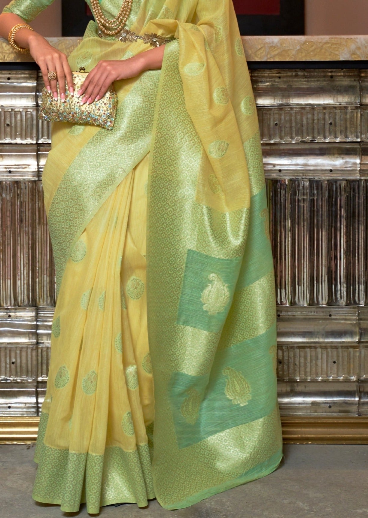 Pure Banarasi Linen Yellow Handloom Saree