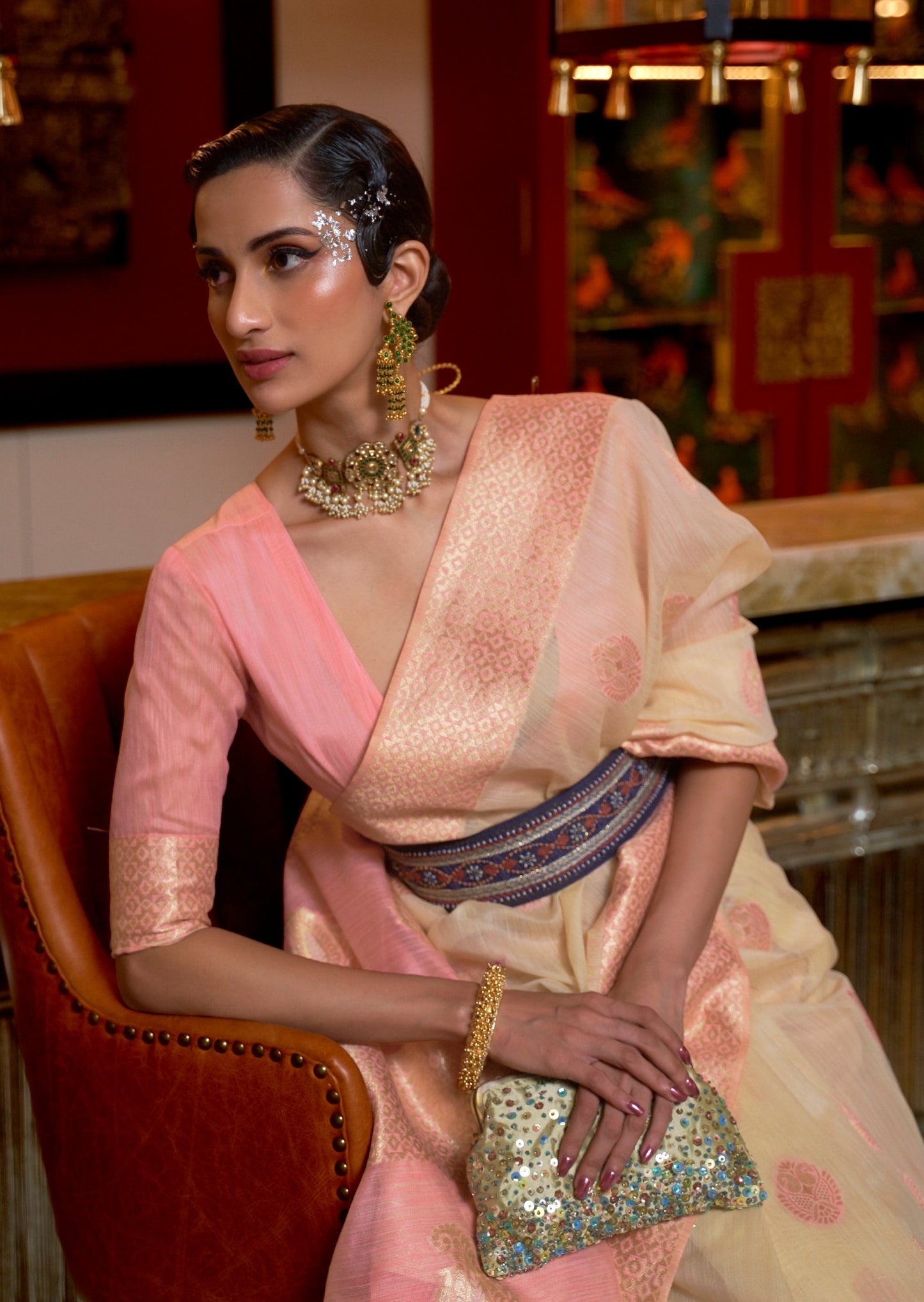 Pure Banarasi Linen Cream Handloom Saree