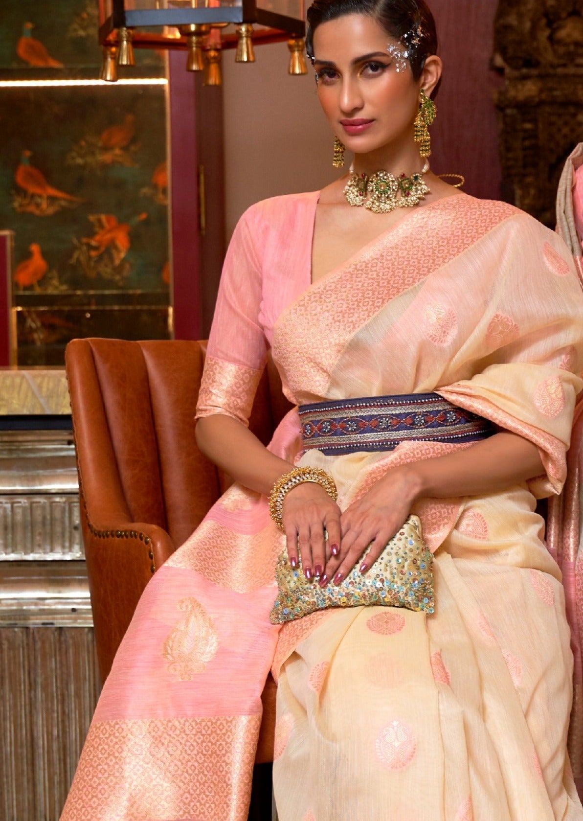 Pure Banarasi Linen Cream Handloom Saree