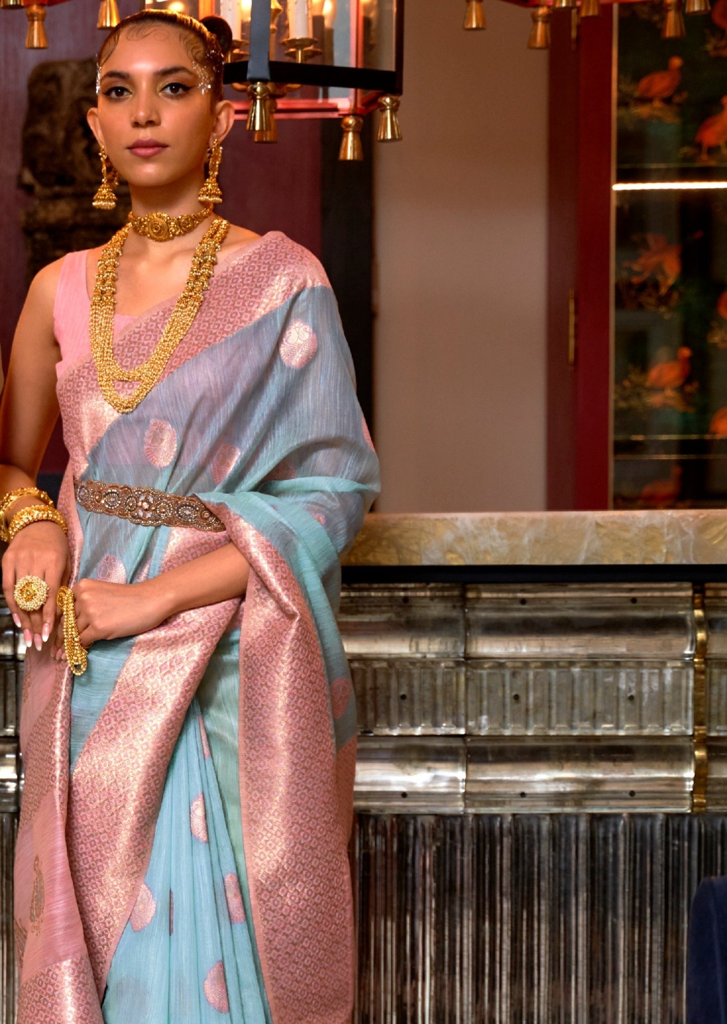 Pure Banarasi Linen Blue Handloom Saree