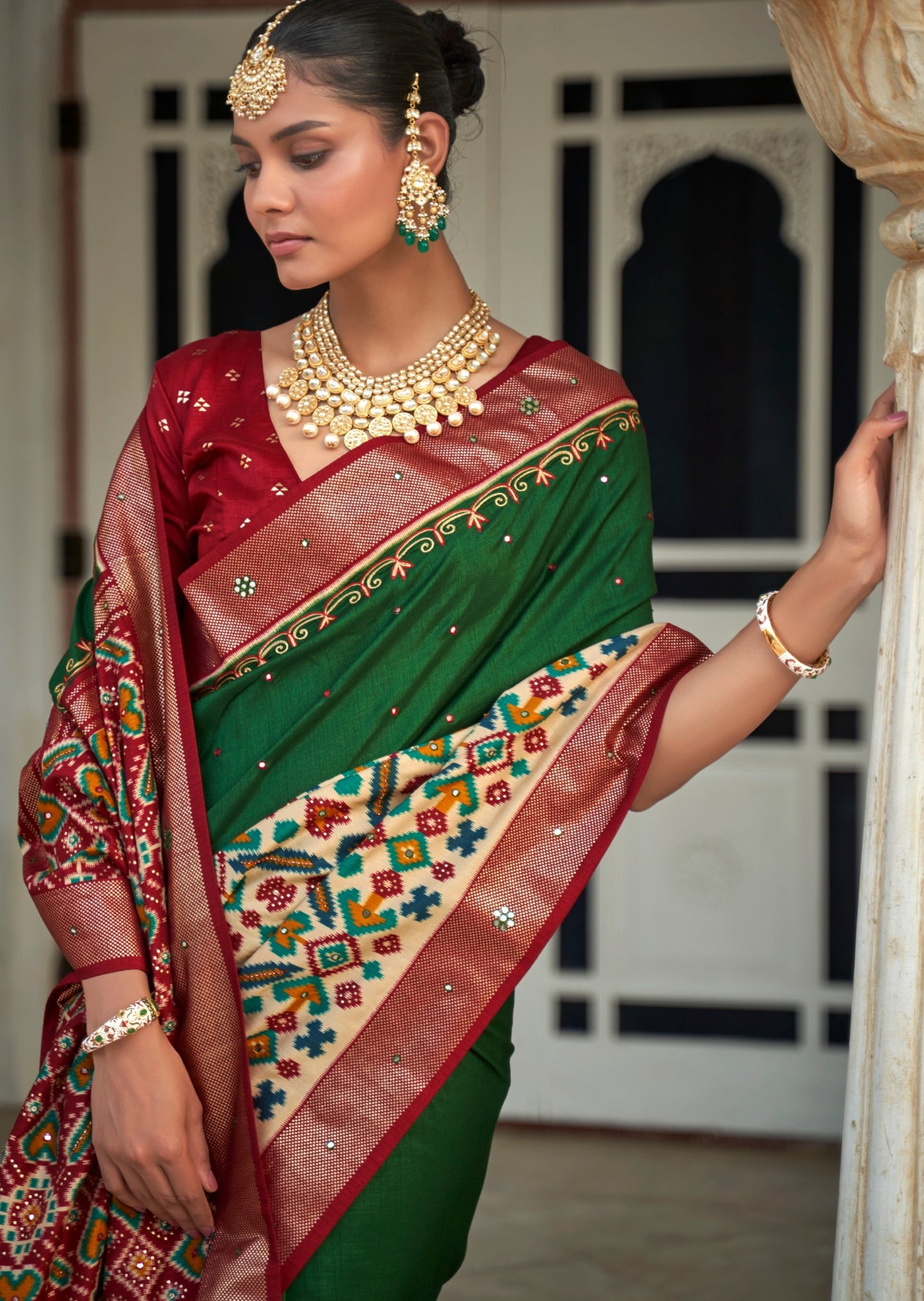 Aari Work Patola Silk Green Saree