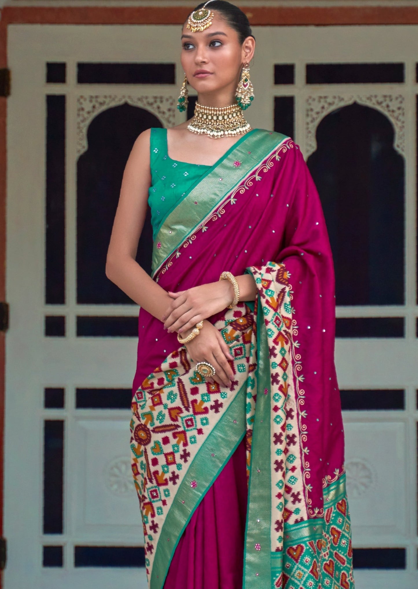 Aari Work Patola Silk Magenta Pink Saree