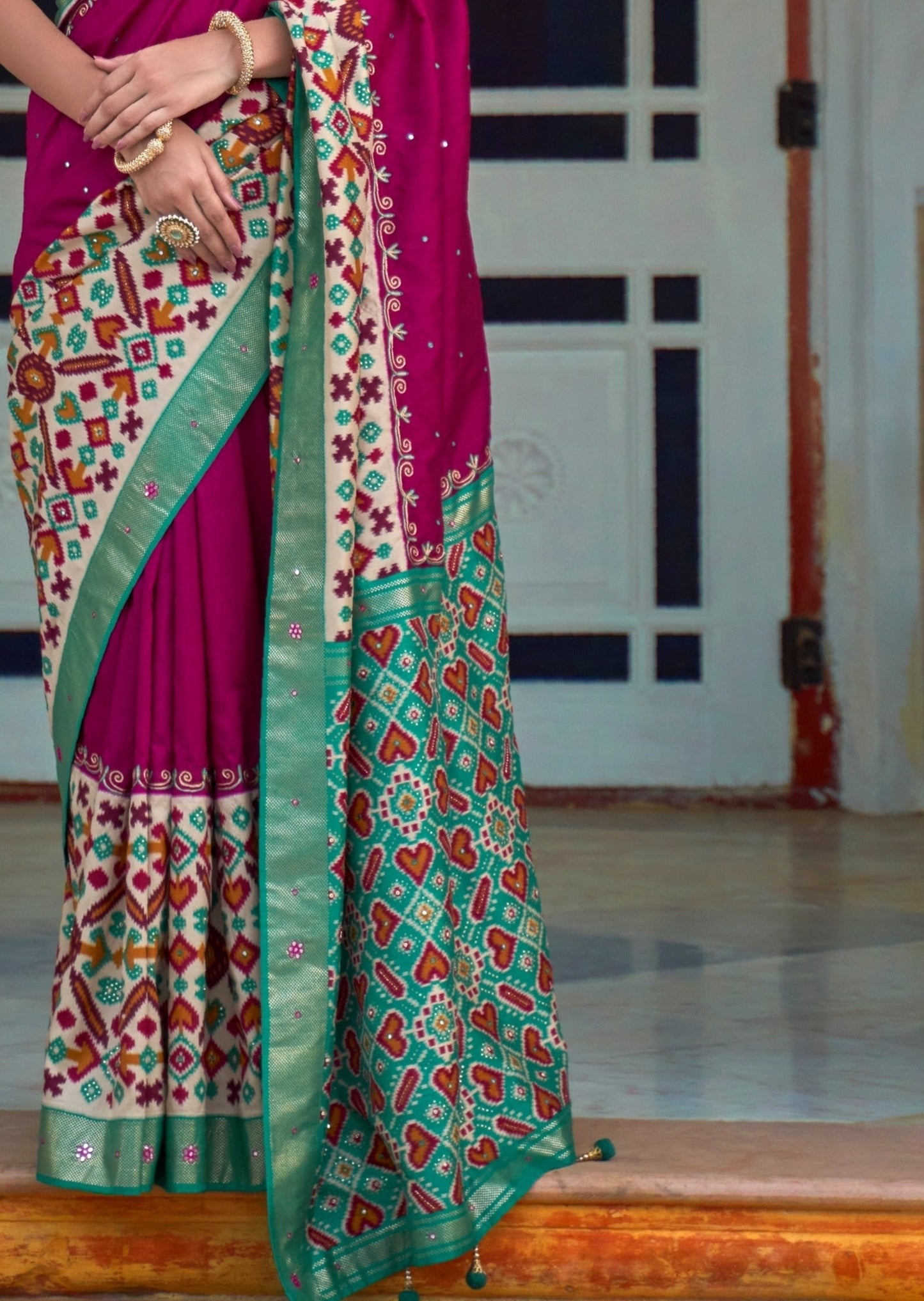 Aari Work Patola Silk Magenta Pink Saree