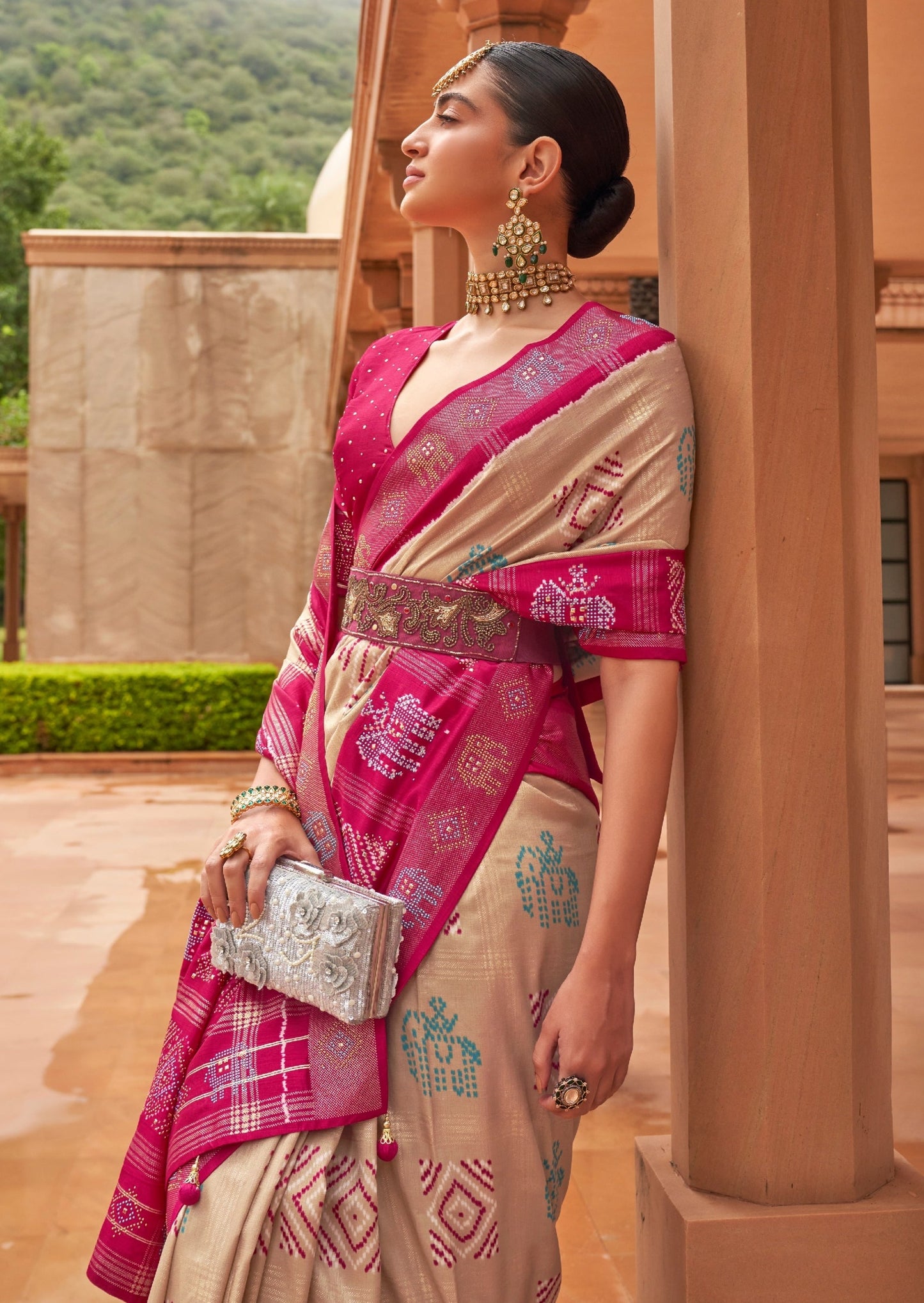 Zari Checks Patola Silk Beige and Pink Saree