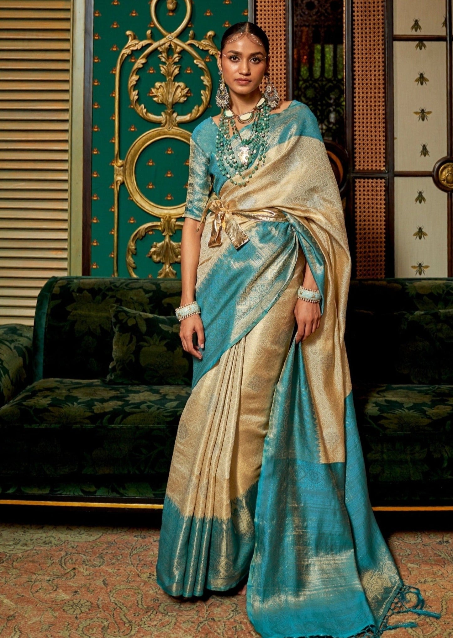 Banarasi silk cream and blue saree online shopping.