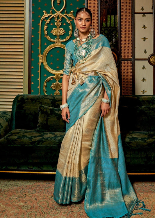 Banarasi silk cream and blue saree online shopping.