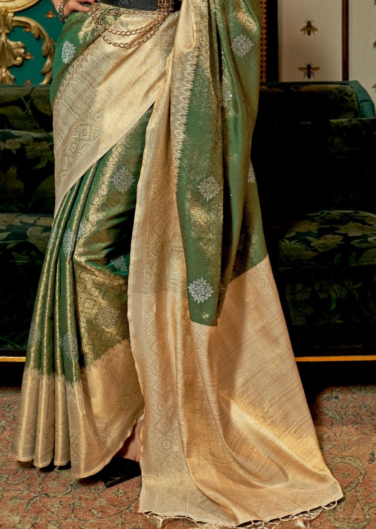 Banarasi saree pallu design usa uk online shopping with price in green and cream color combination.