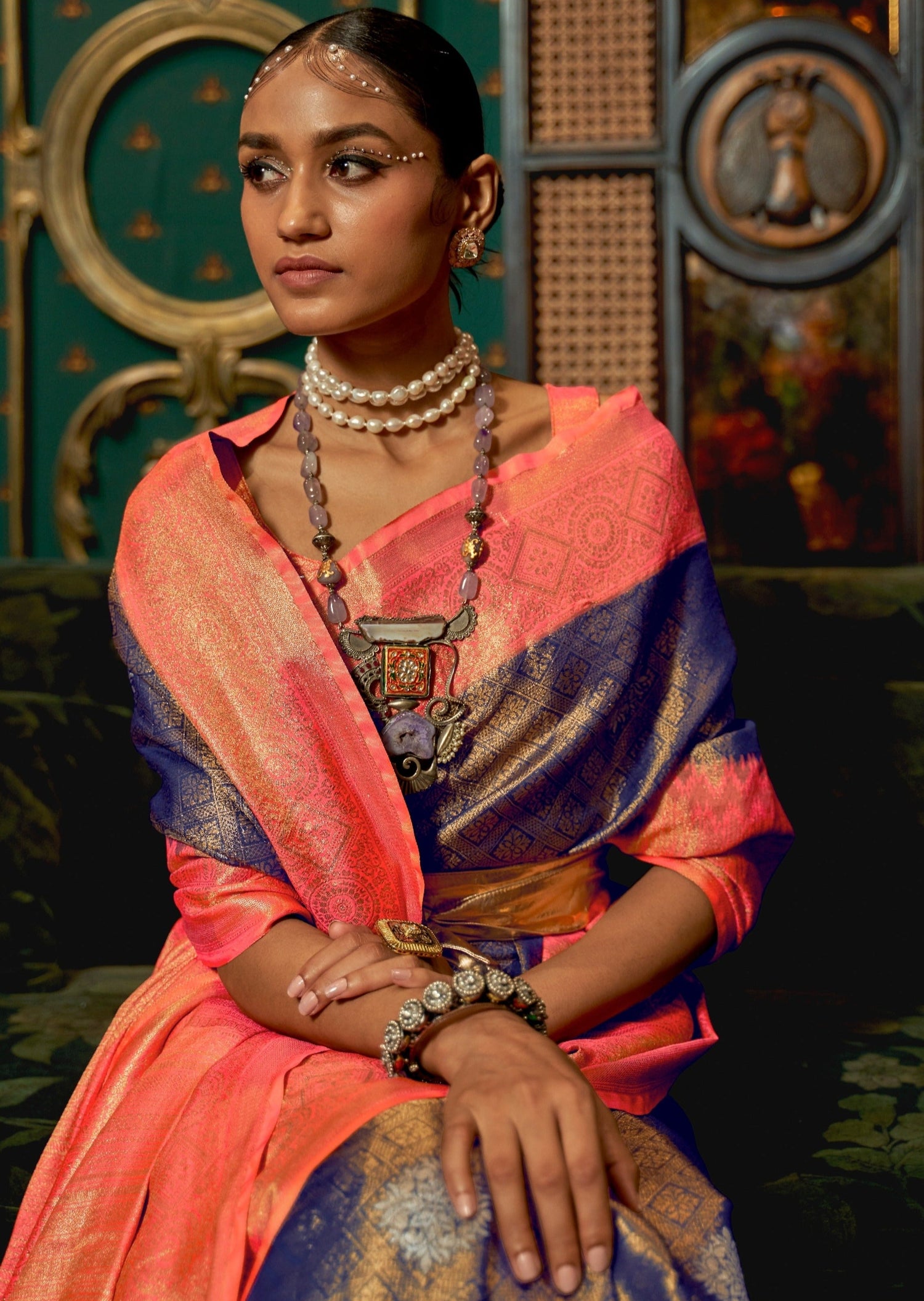 Best banarasi saree designs usa online shopping in blue and orange color combination.