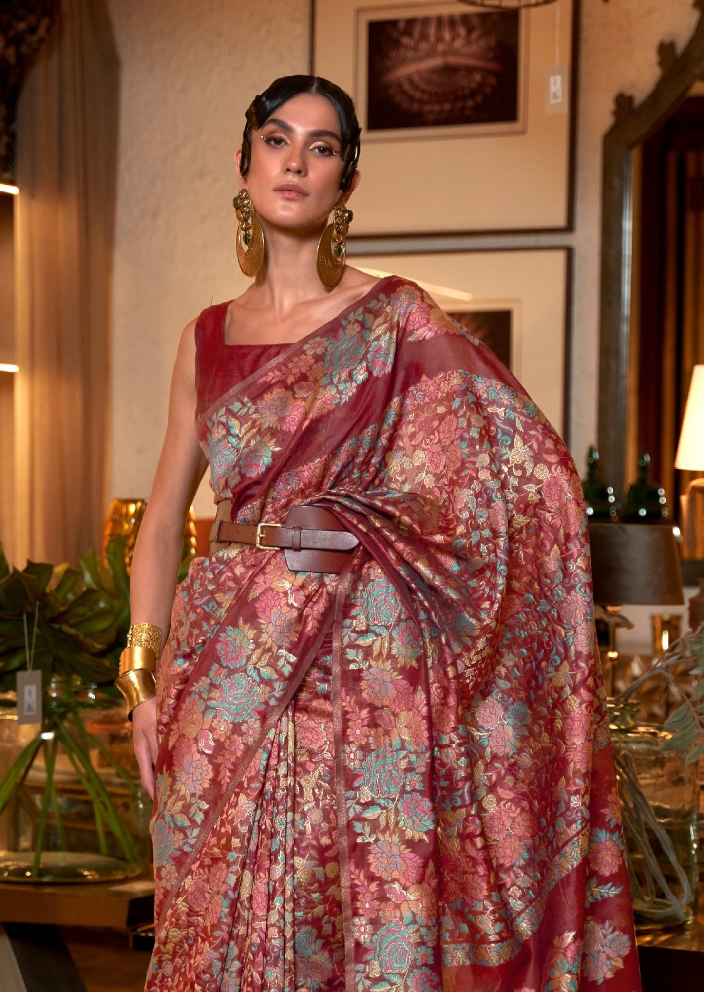 Kashmiri Pashmina Maroon Red Silk Saree