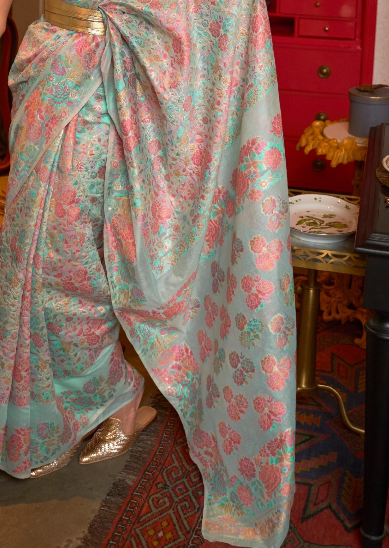 Kashmiri Handloom Silk Pastel Blue Saree