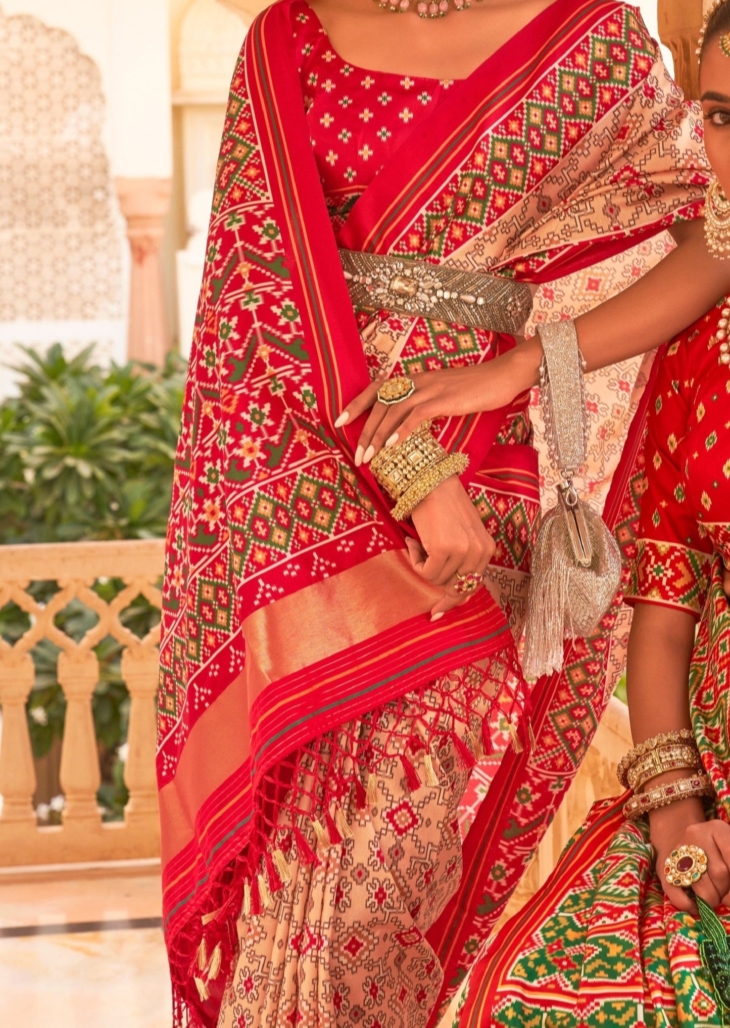 Cream & Red Patola Silk Saree