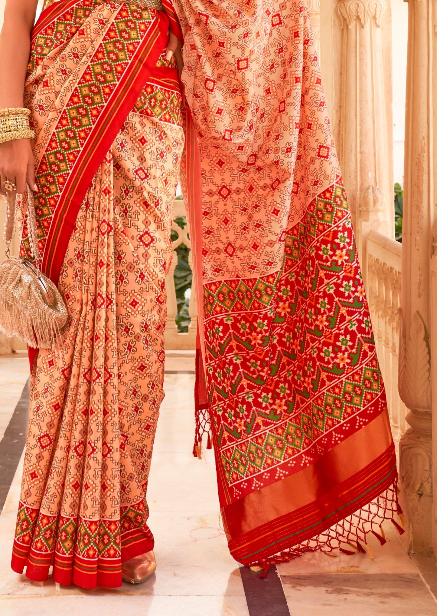 Cream & Red Patola Silk Saree