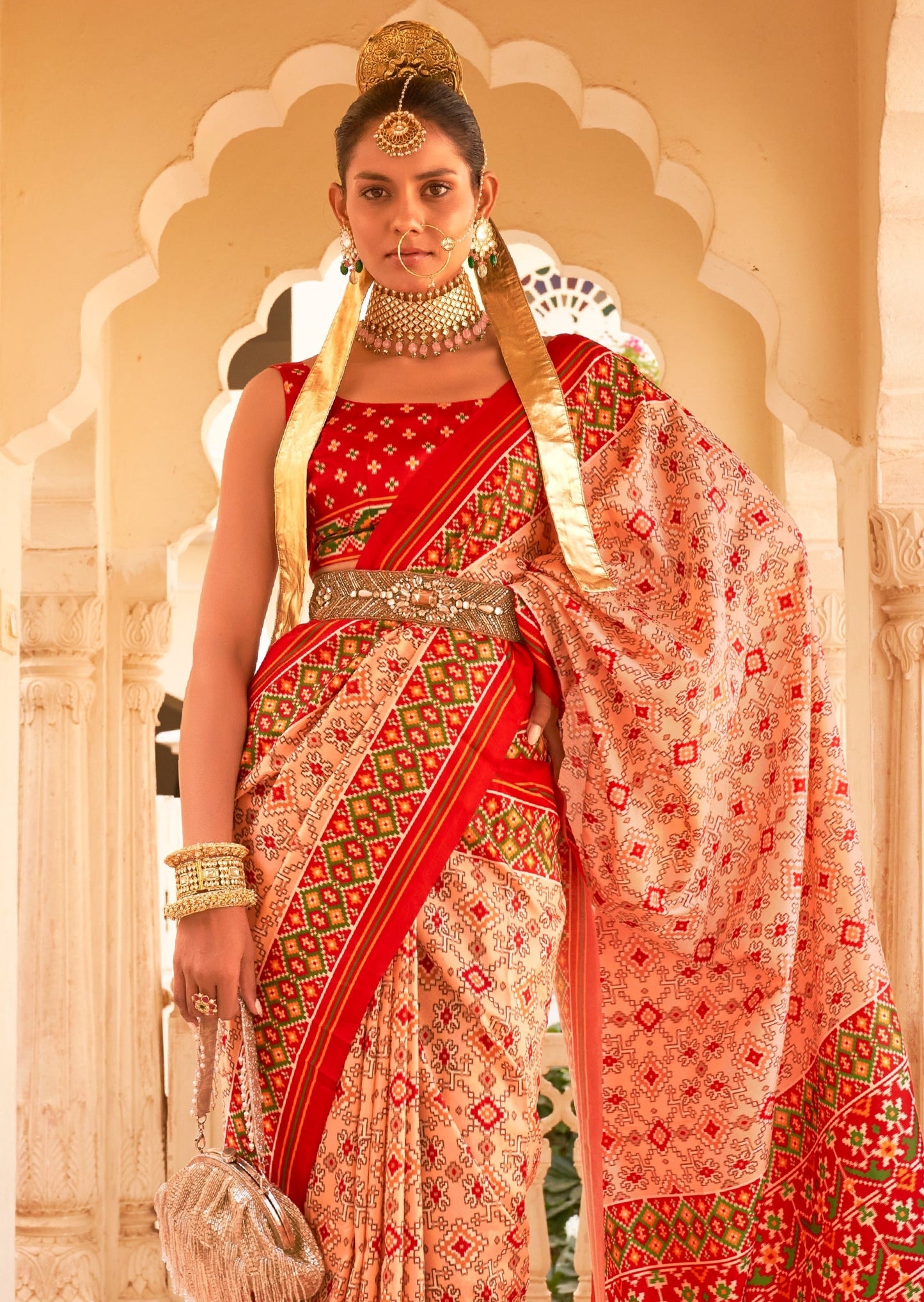 Cream & Red Patola Silk Saree