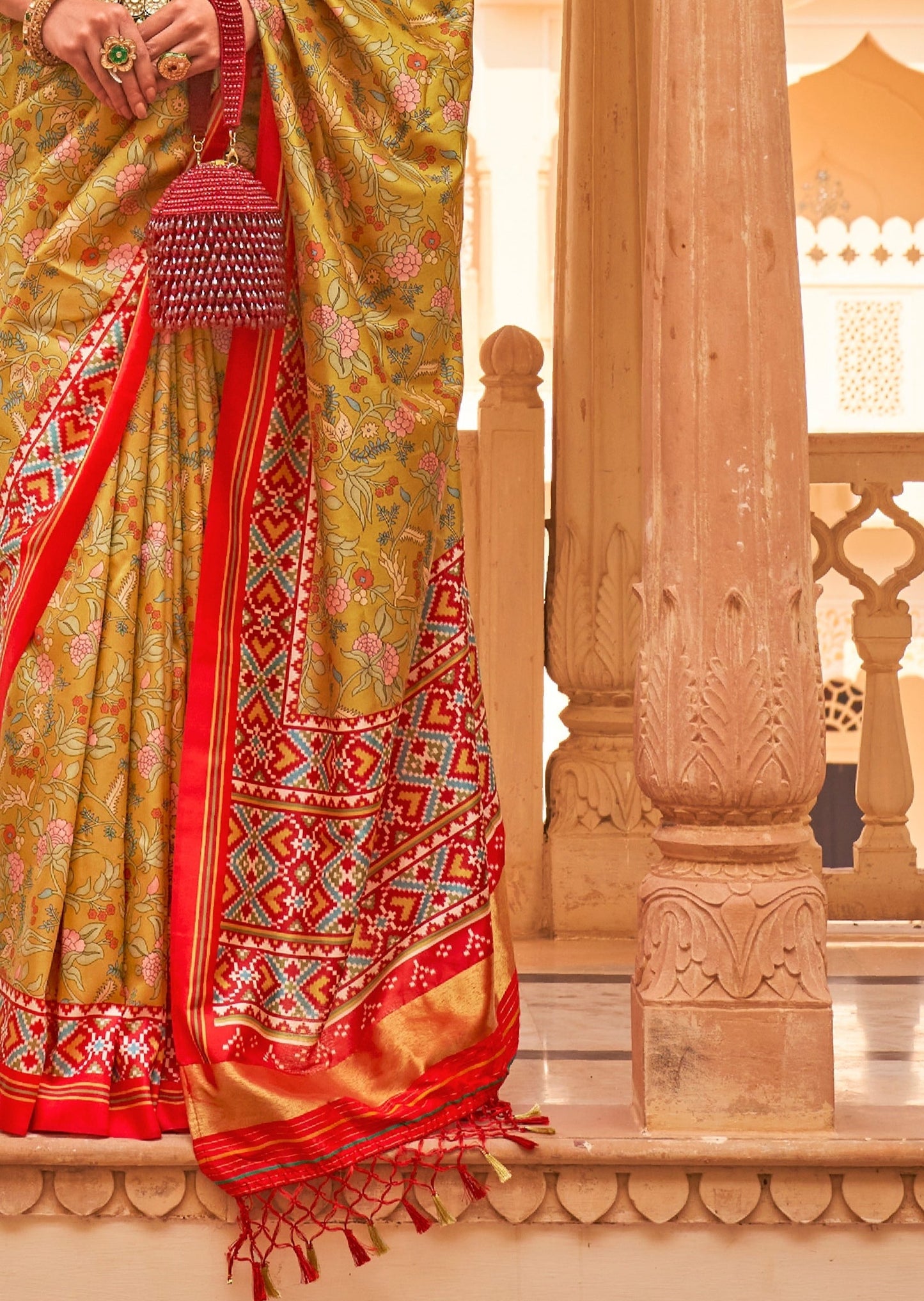 Kalamkari Patola Fusion Mustard Saree