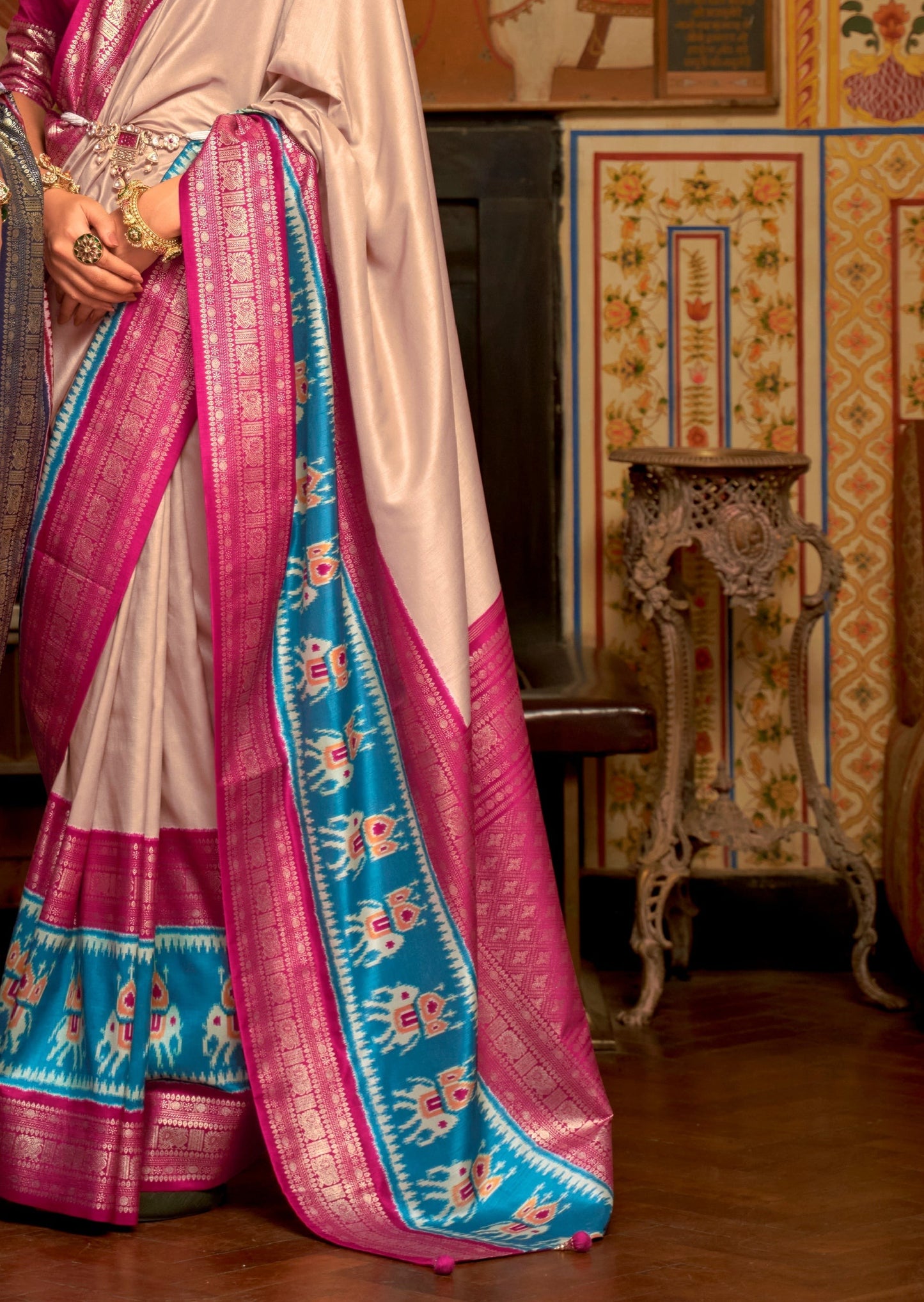 Cream and Pink Patola Saree