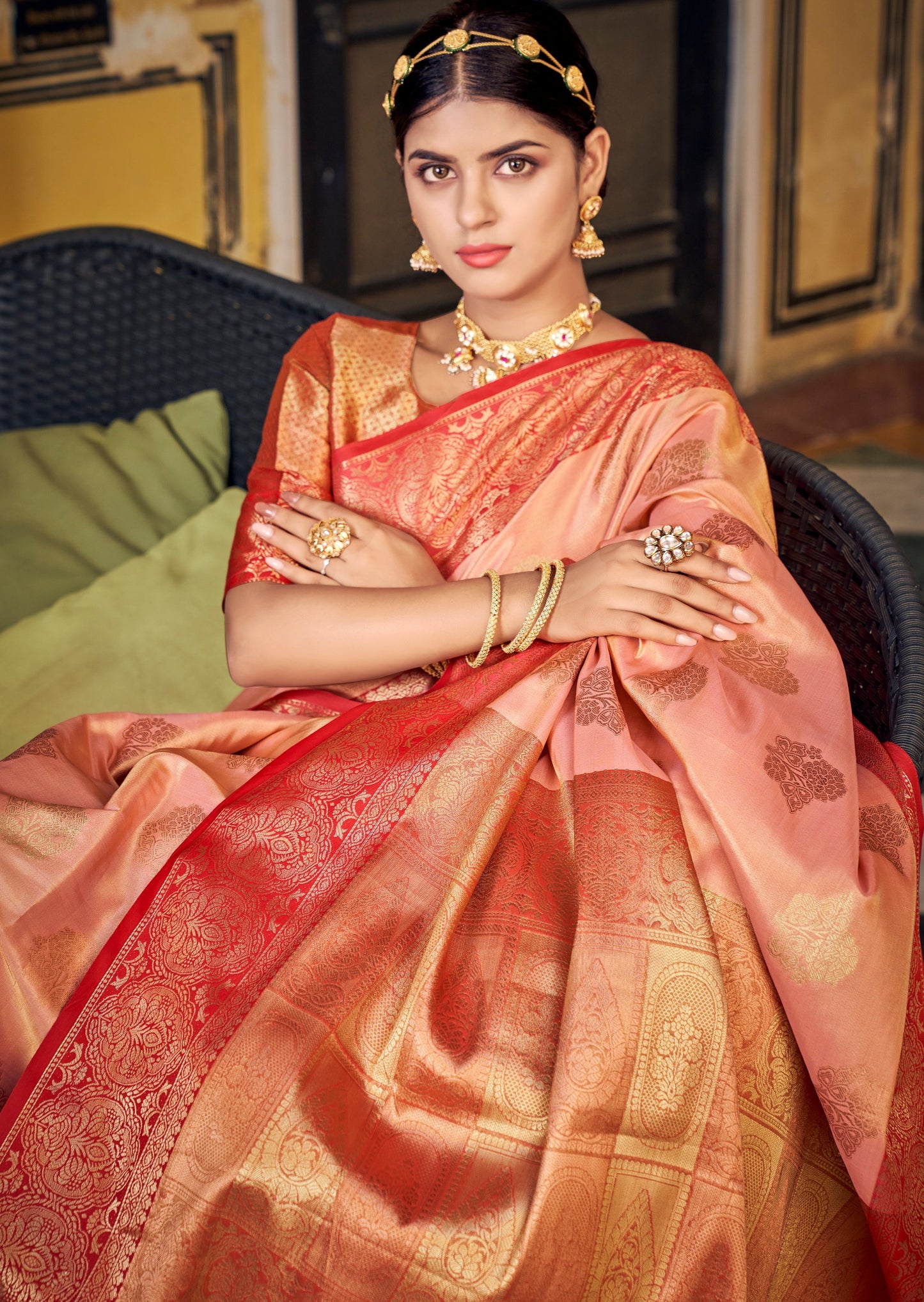 Pure Banarasi Handloom Tissue Silk Peach Saree