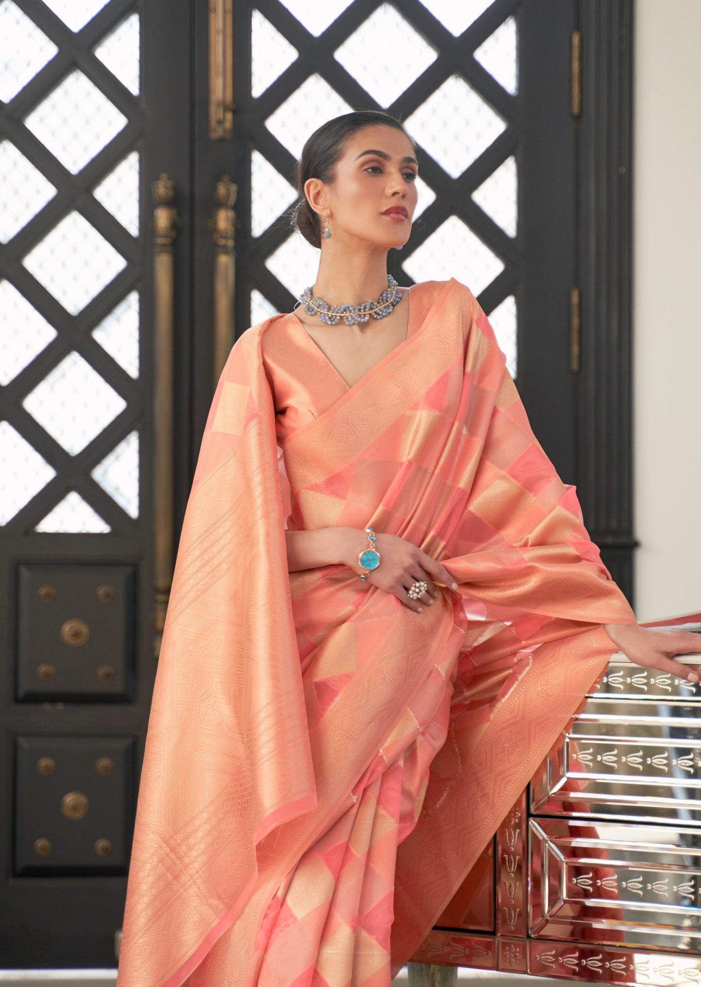 Pure Handloom Organza Peach Saree