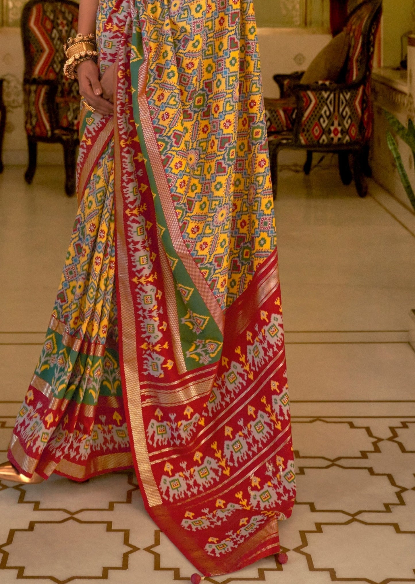 Yellow and Red Multicolor Patola Silk Saree