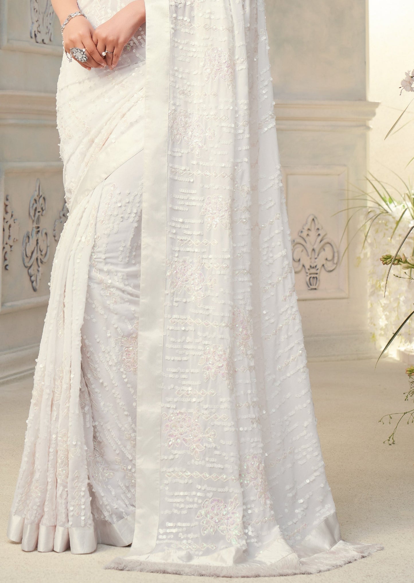 White Georgette Partywear Saree