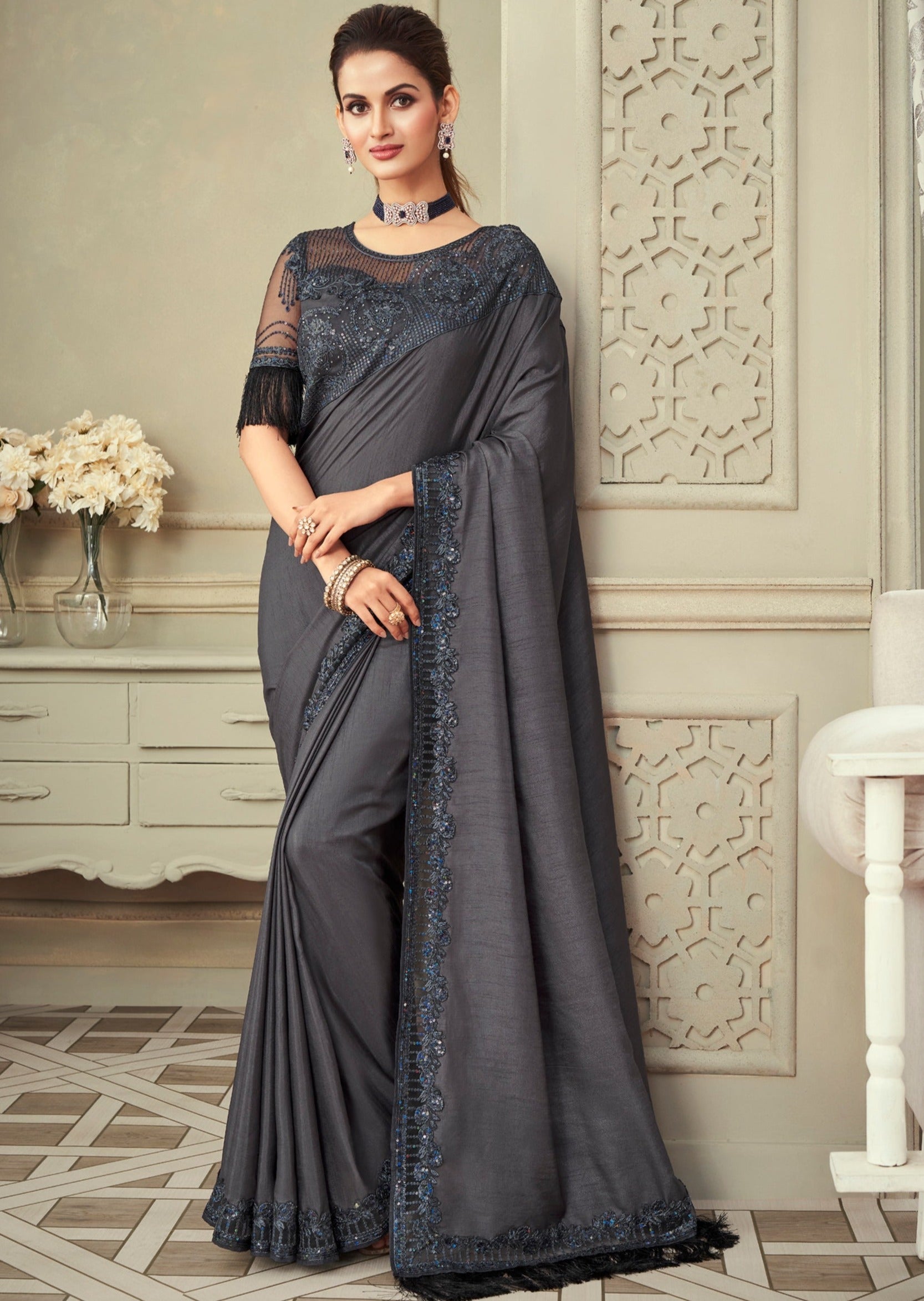 Women's Satin Silk Grey Embellished Designer Saree With Blouse Piece main image 0